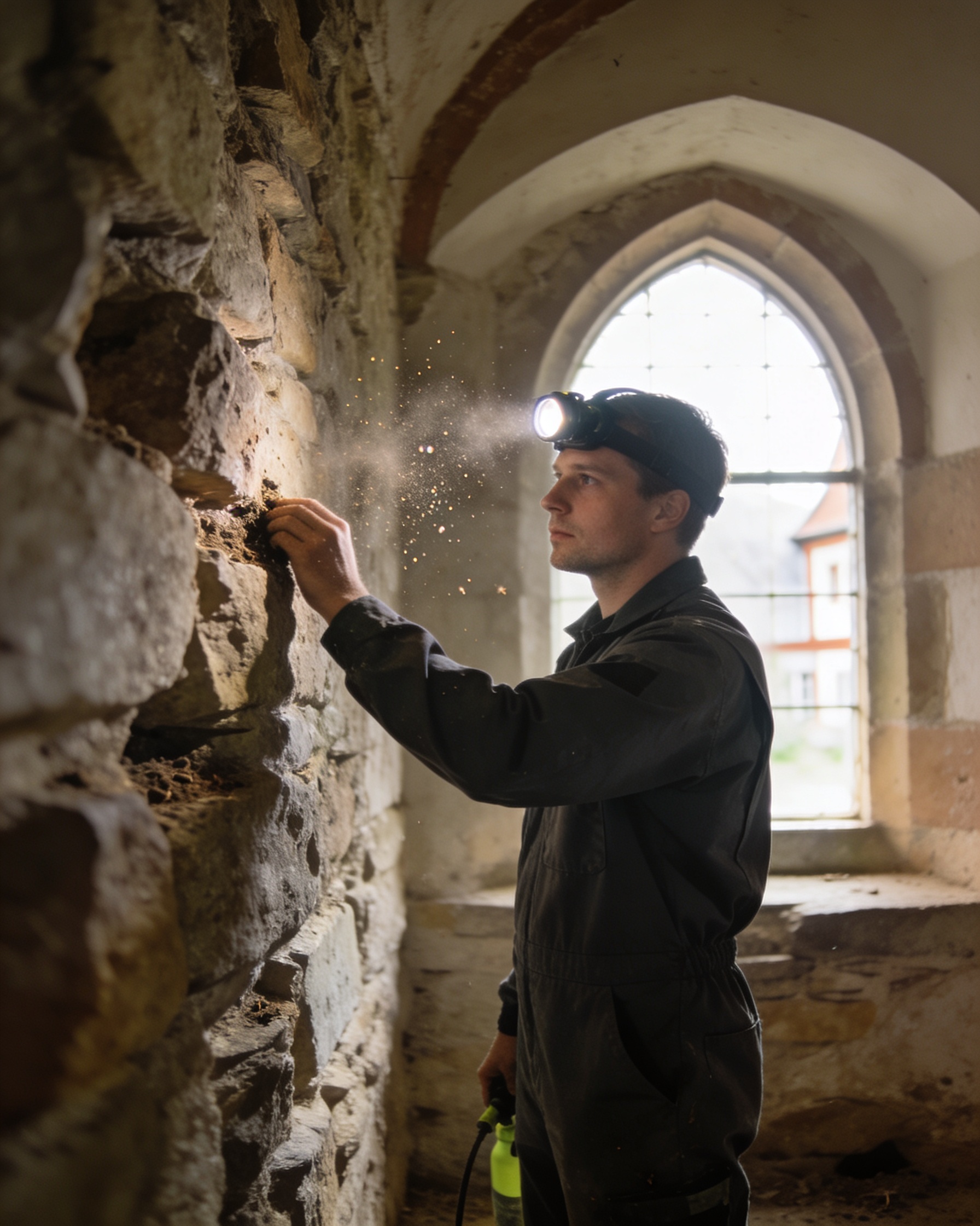 Schädlingsbekämpfer untersucht historisches Mauerwerk in einem alten Gebäude in Friedberg