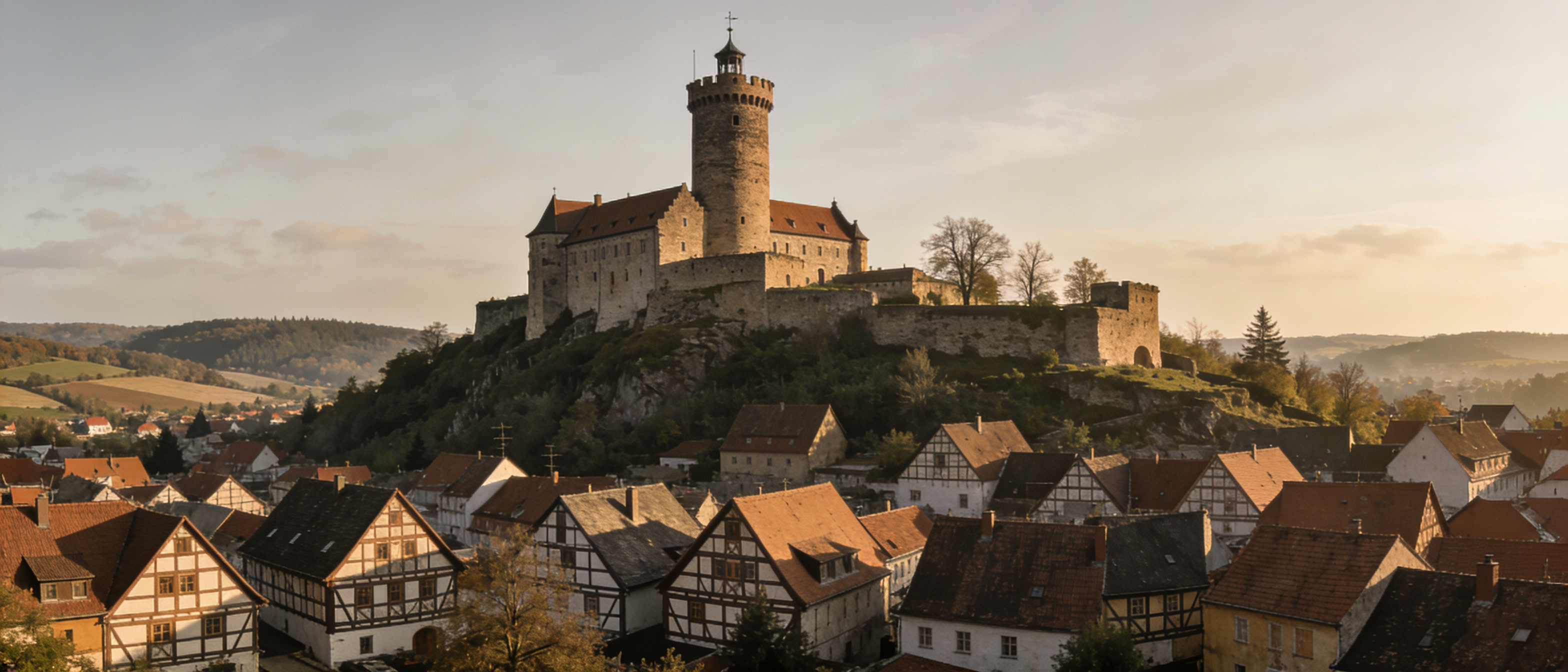 Blick auf die Burg Friedberg mit dem Adolfsturm über der Altstadt im warmen Abendlicht der Wetterau