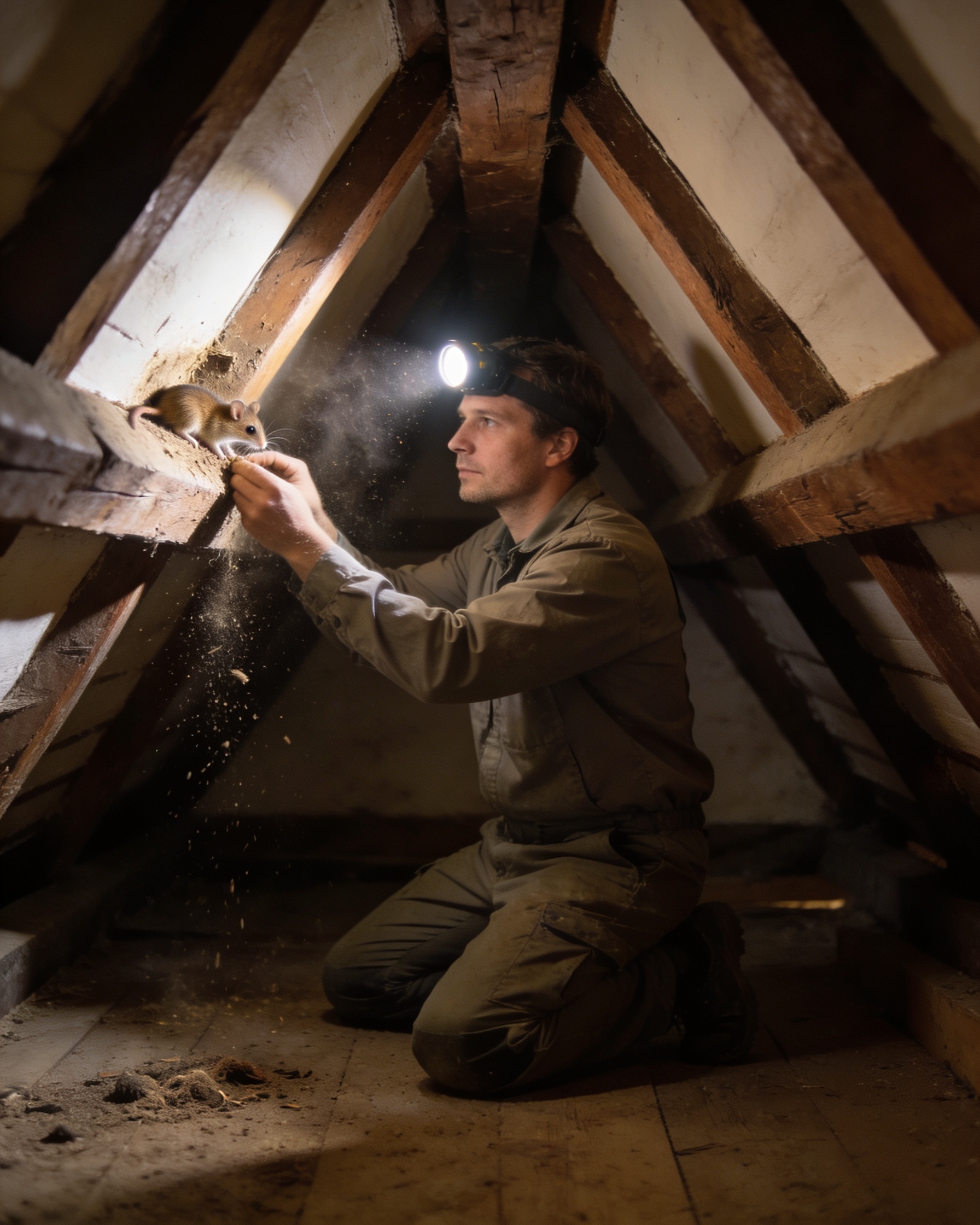 Schädlingsbekämpfer untersucht historisches Dachgebälk in einem Fachwerkhaus in Herborn