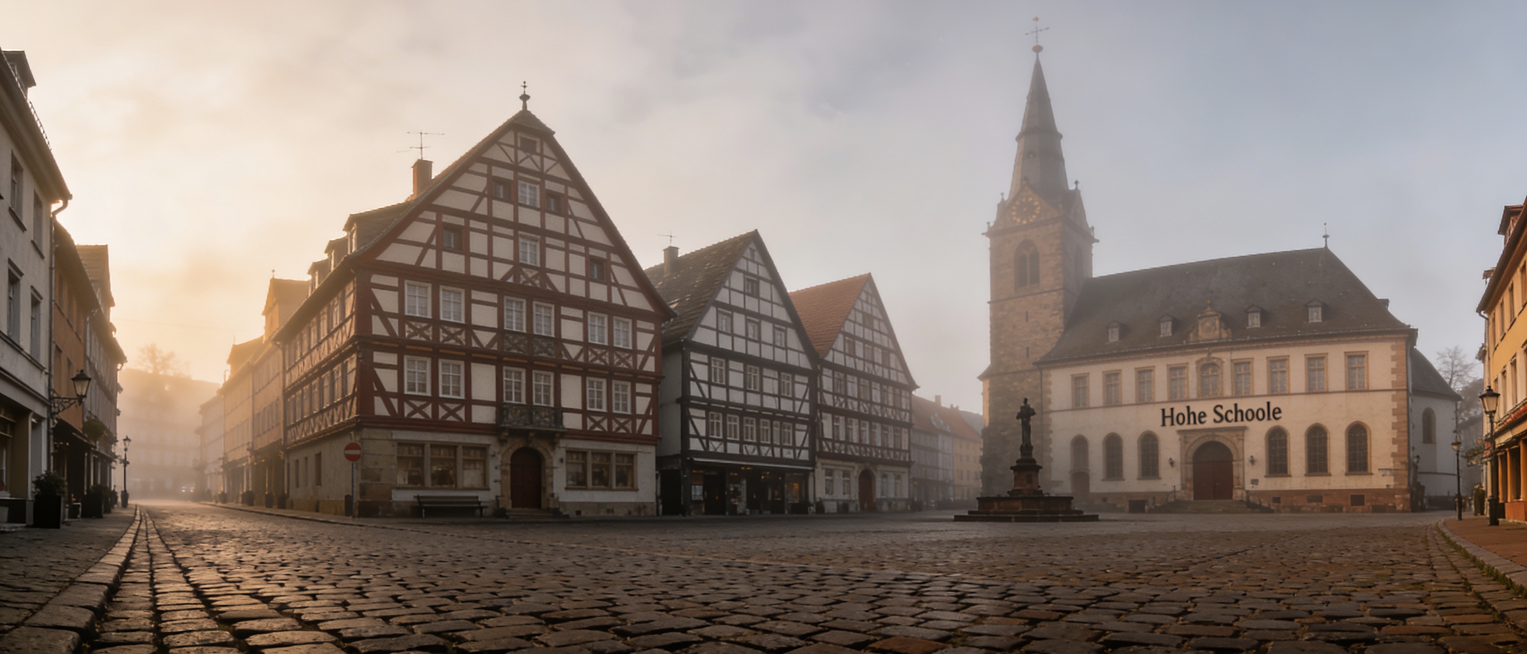 Herborner Marktplatz mit historischen Fachwerkhäusern und der Hohen Schule im frühen Morgenlicht