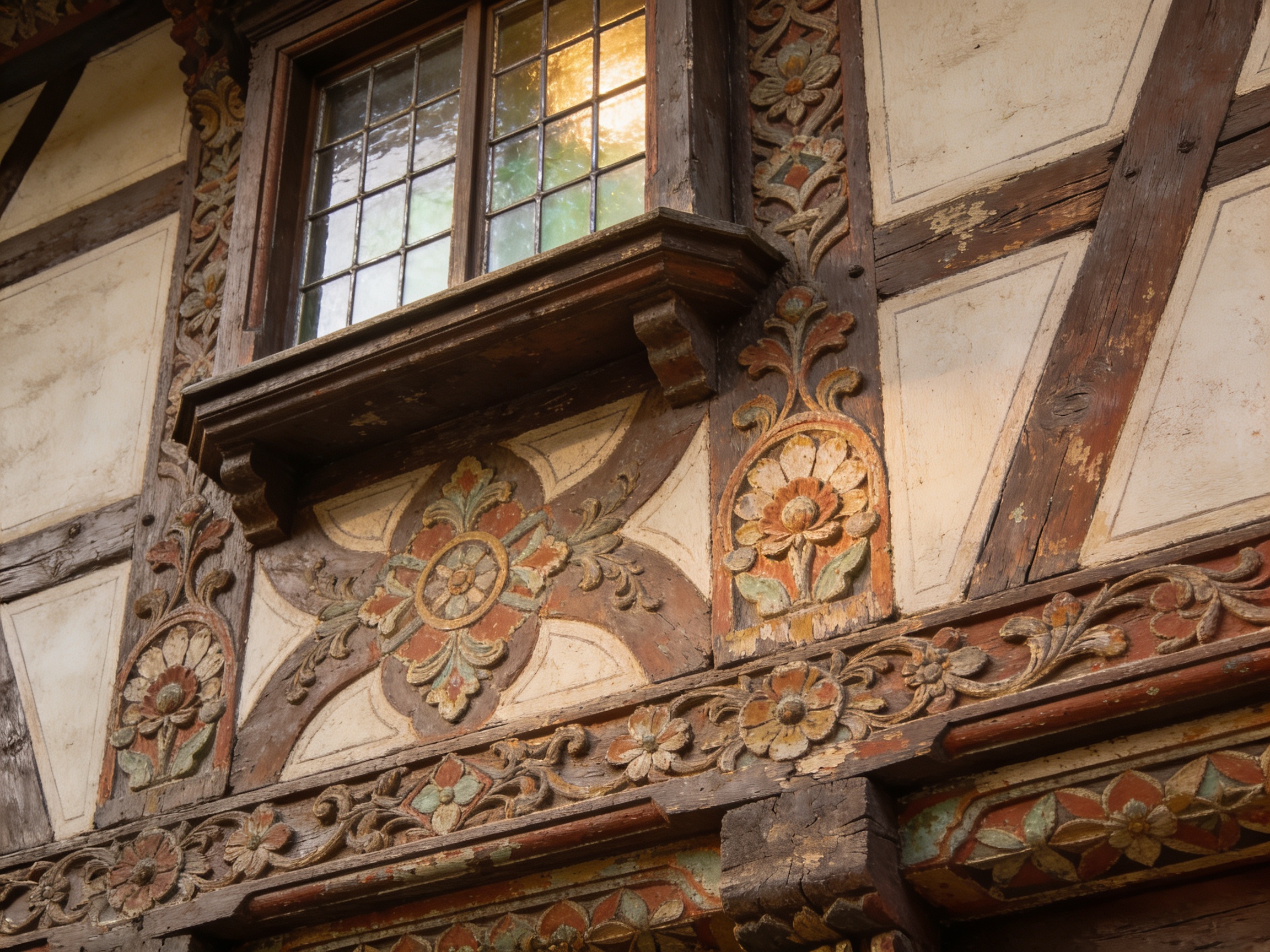 Detail einer reich verzierten Fachwerkfassade in der Herborner Altstadt