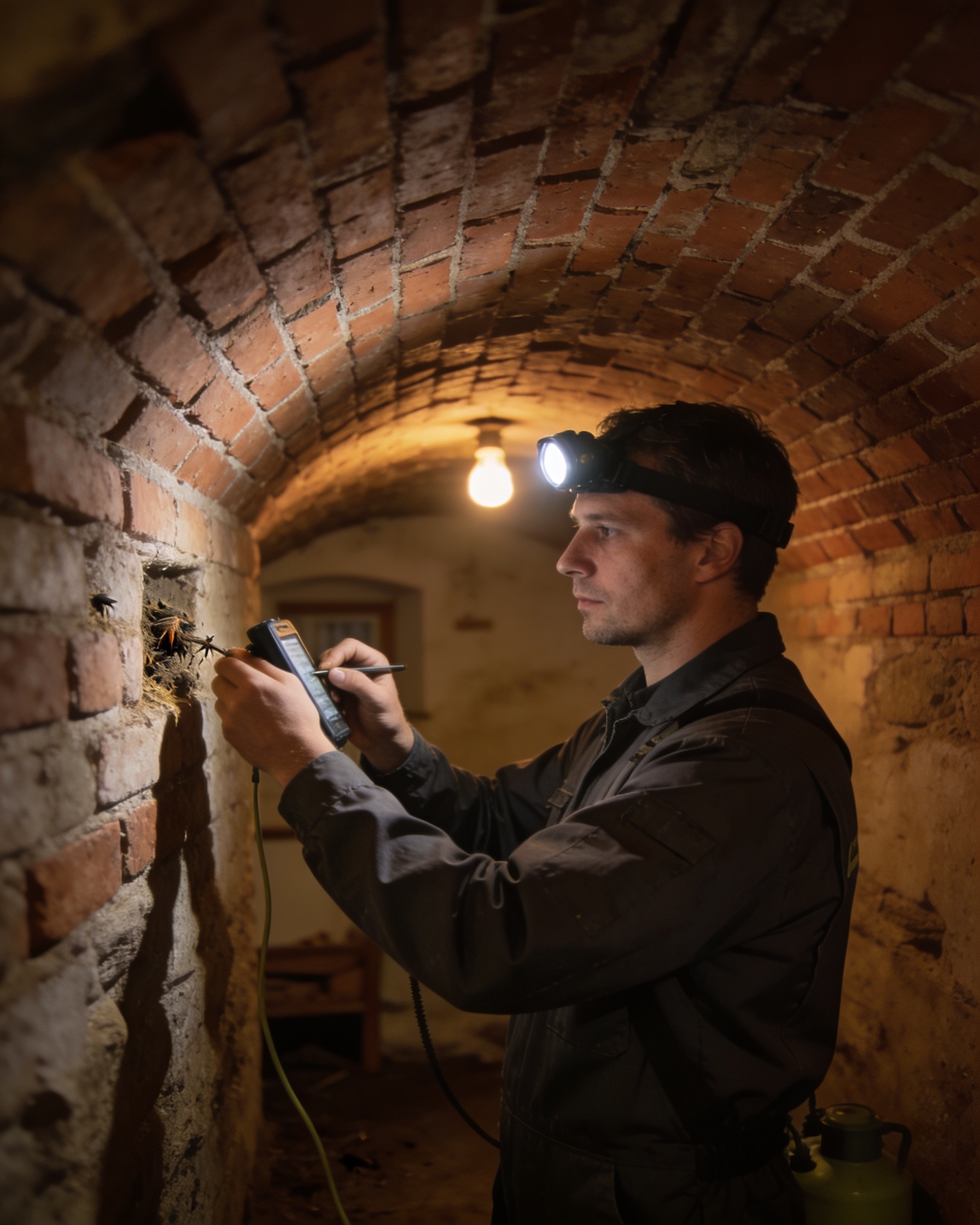 Schädlingsbekämpfer dokumentiert Befund in einem gewölbten Altbau-Keller in Montabaur
