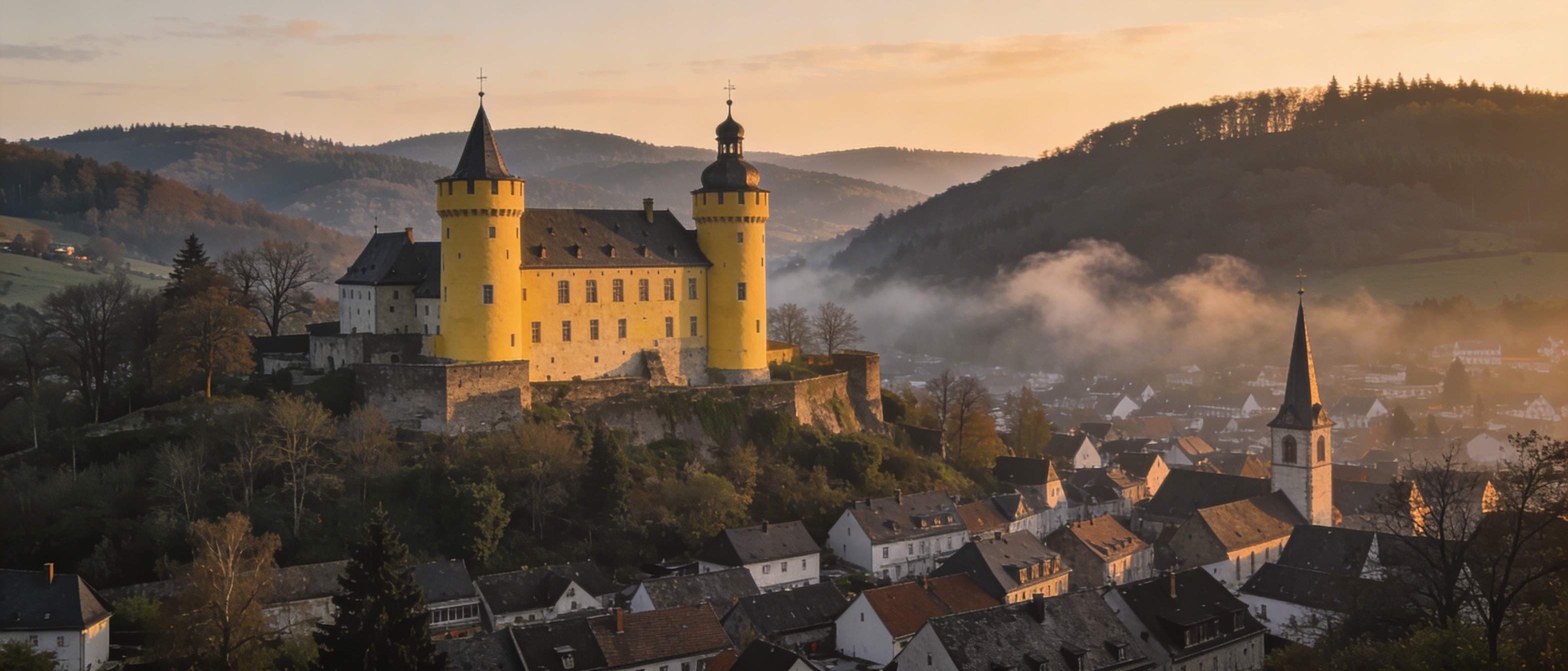 Blick auf das gelbe Schloss Montabaur über der Altstadt im Westerwald, warmes Abendlicht