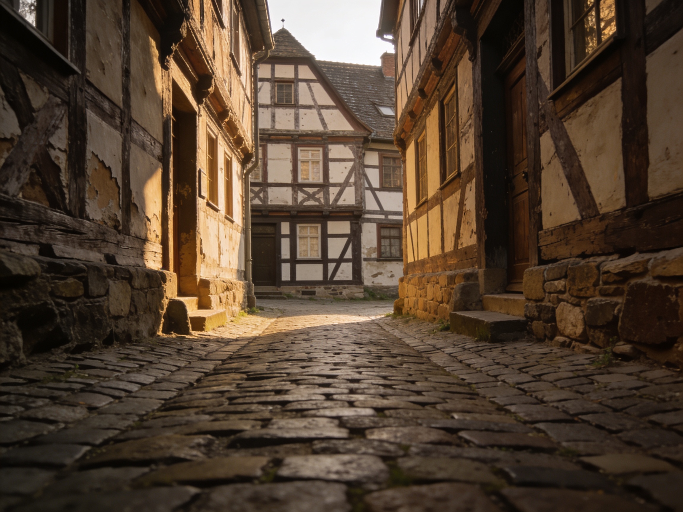 Schmale Kopfsteinpflaster-Gasse in der historischen Altstadt von Montabaur mit Fachwerkhäusern