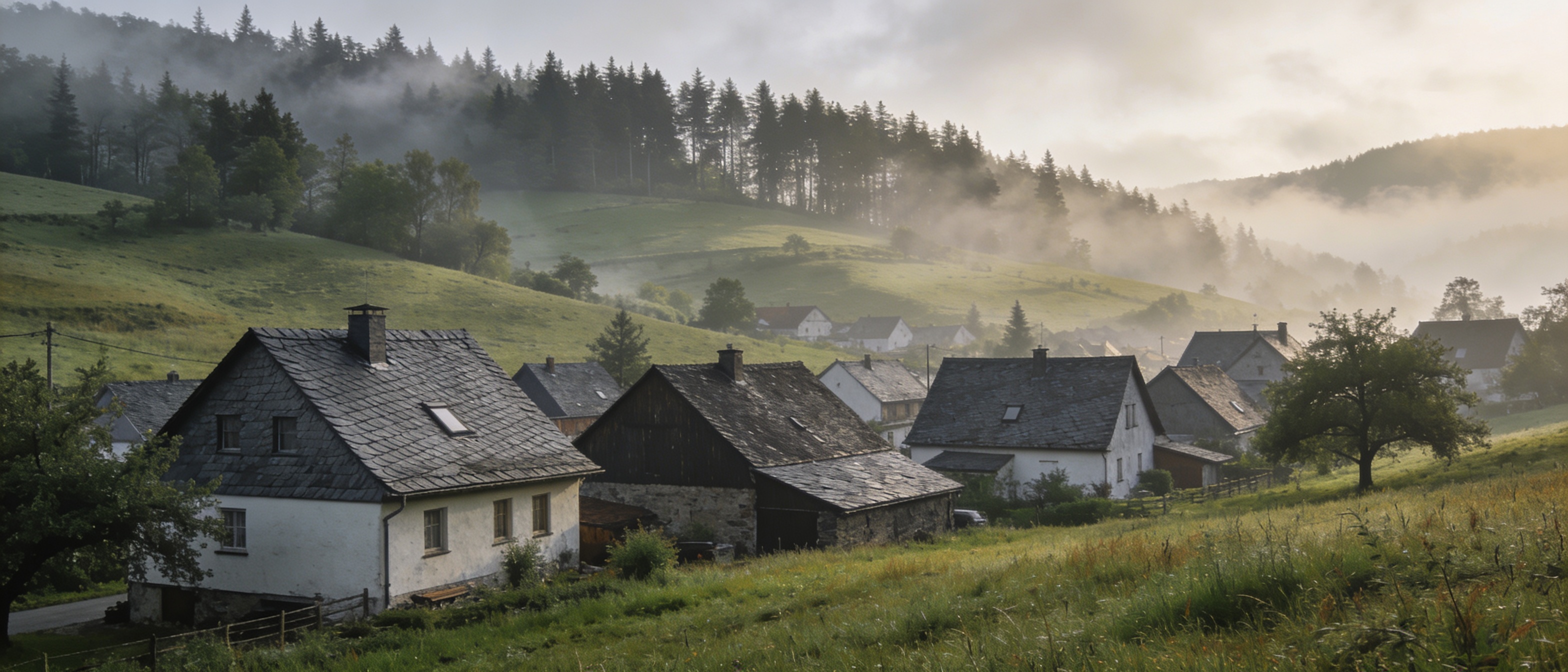 Kleines Westerwalddorf bei Rennerod mit schiefergedeckten Häusern, sanften Hügeln und Waldrand im Morgennebel