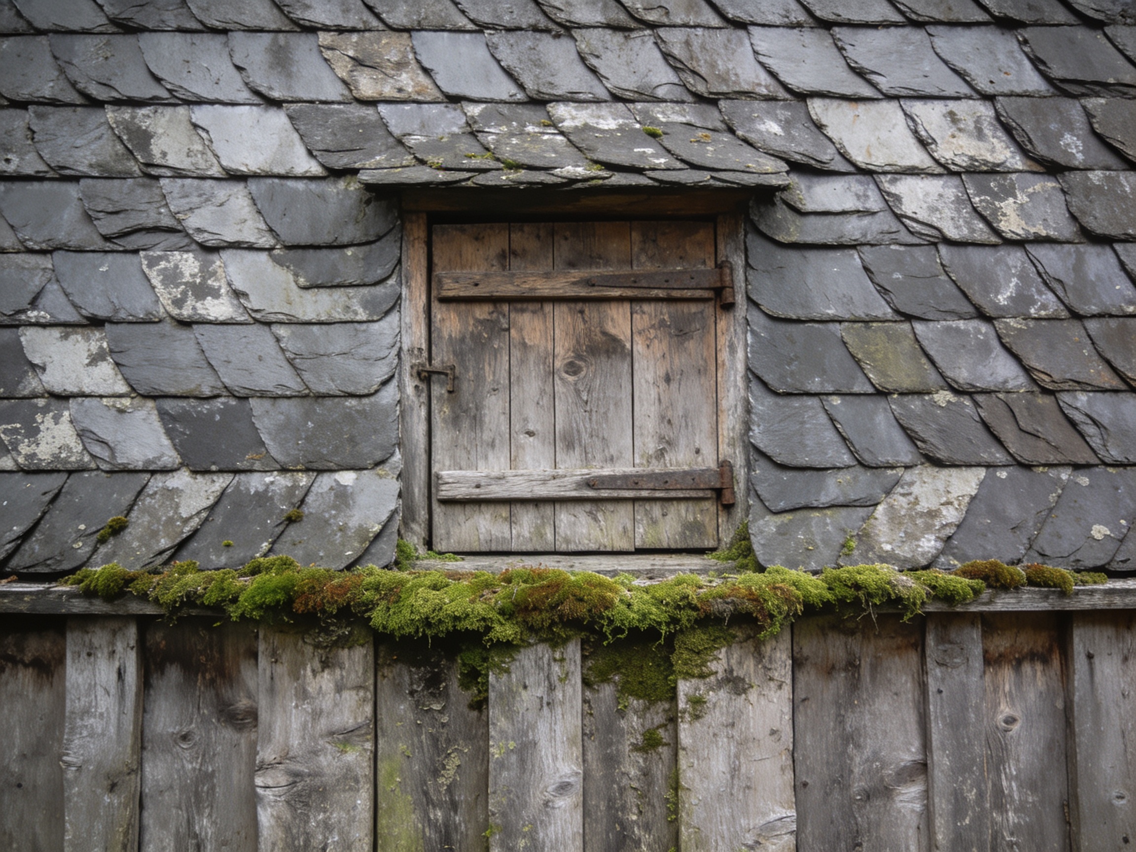 Schieferverkleidete Scheunenwand im Westerwald bei Rennerod – Detail einer wettergegerbten Fassade