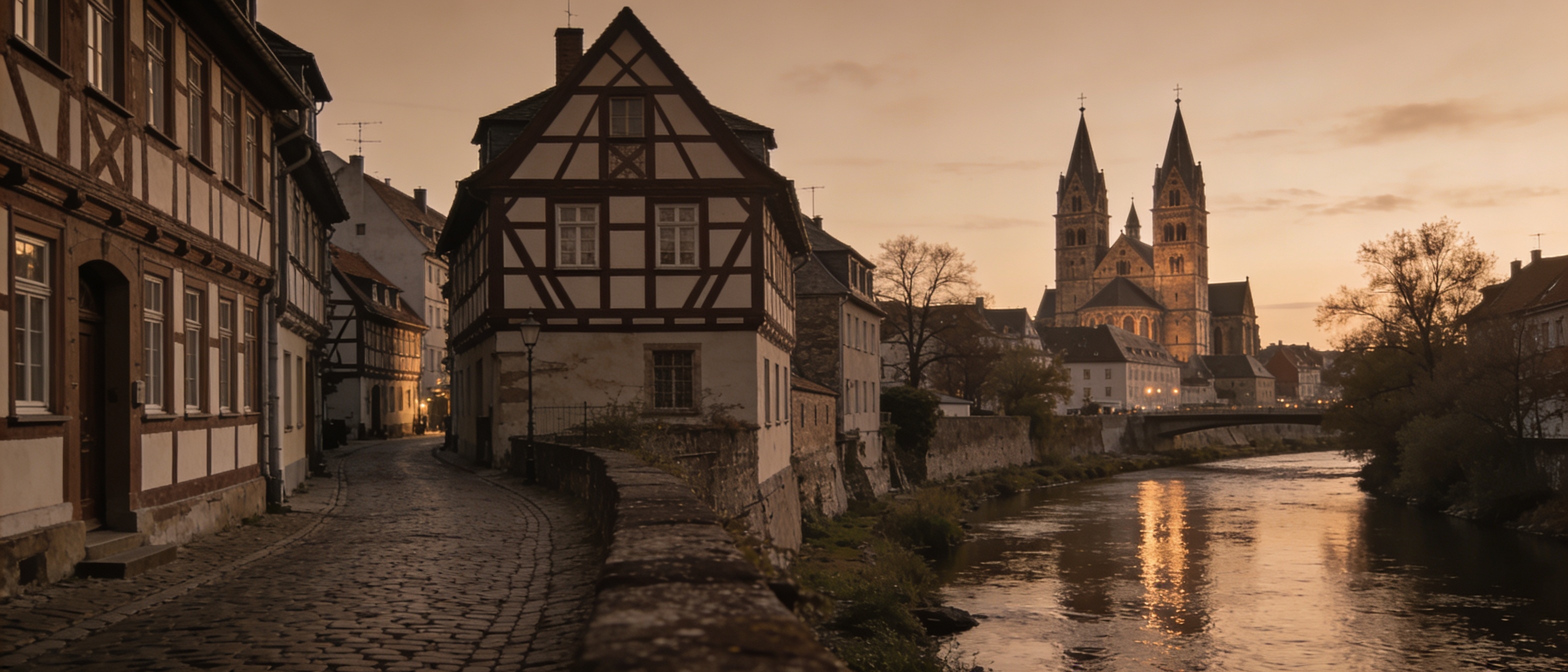 Blick auf die Altstadt von Wetzlar mit dem Wetzlarer Dom und Fachwerkhäusern am Lahnufer